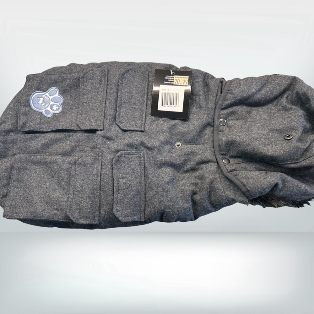 Canada Pooch Dark Grey Hooded Winter Dog Coat size 16 NWT